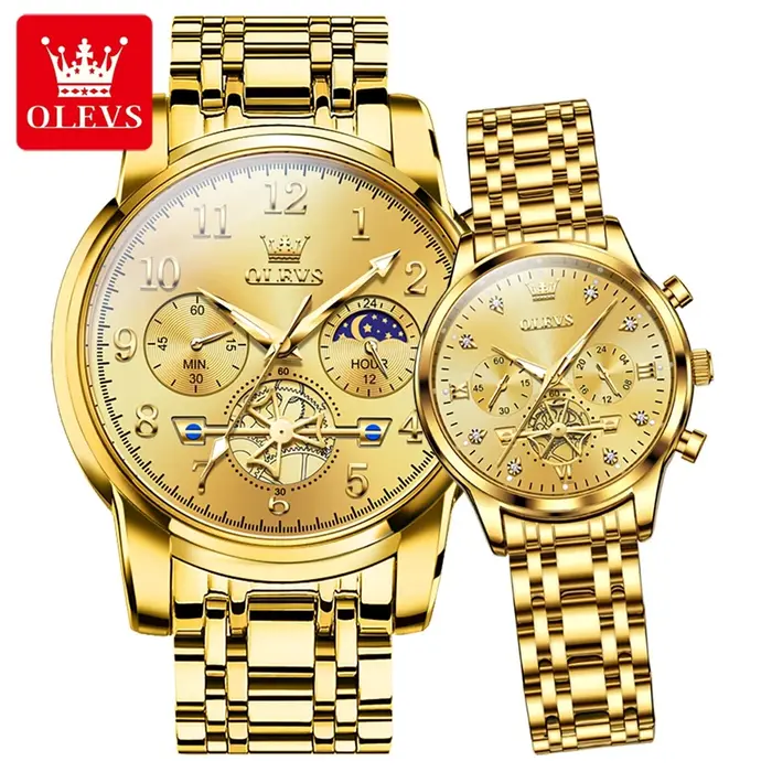 OLEVS nouveau volant d'inertie conception de luxe Couple montre étanche Phase de lune chronographe marque originale montre-bracelet à Quartz pour hommes femmes