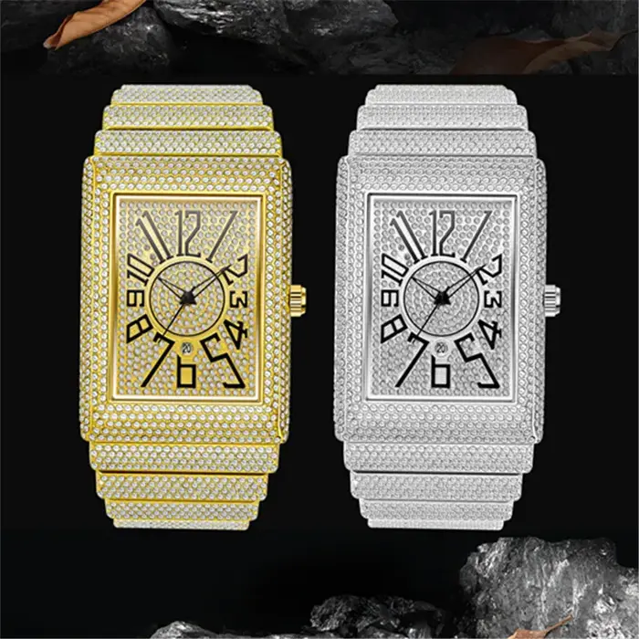 Montre de luxe en diamant doré et argenté pour hommes, montres-bracelets à quartz, Hip Hop Date, horloge masculine, marque supérieure