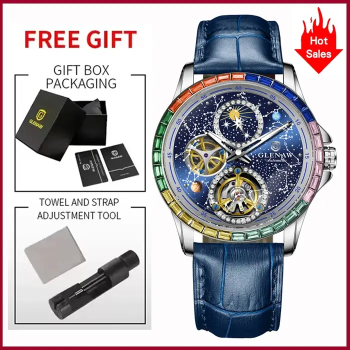 GLENAW 2025 Nouvelle Montre Mécanique Homme Design Cercle Arc-en-ciel Cadran Constellation Lumineux Étanche