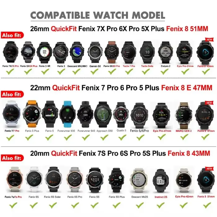 FIFATA bracelets de montre intelligente pour Garmin Fenix 7 6 6S 6X 5 5S 3 3HR Forerunner 935 945 Bracelet à dégagement
