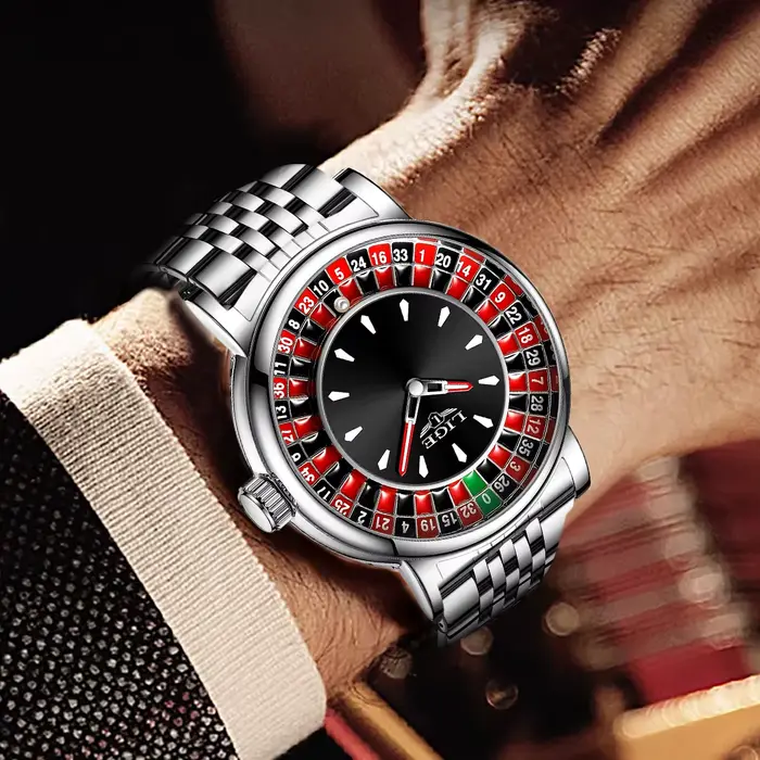 Montre Homme LIGE Tendance en Cuir Marron avec Cadran Rotatif Thème Roulette de Las Vegas