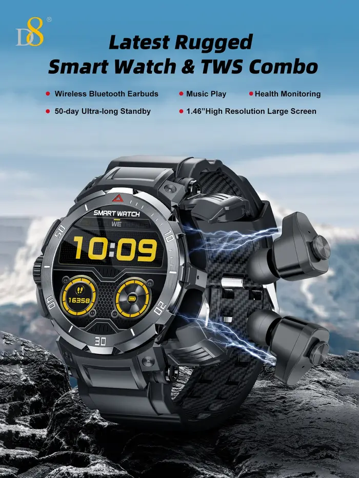 Montre connectée D8 avec écouteurs pour hommes et femmes, écran tactile HD de 1,46 pouces, effets sonores 9D, moniteur de fitness et de sommeil 110+, microphone d'enregistrement