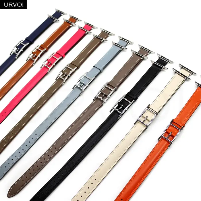 URVOI Hapi Attelage Double Tour pour bracelet Apple Watch Series 12 11 10 9 8 7 6 SE, bracelet en cuir fin pour iWatch, bracelet à boucle en H