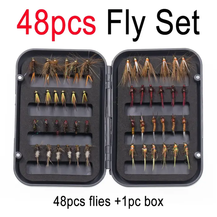 Vampfly 48 pièces ensemble de mouches boîte tête de perle cuivre John nymphe Caddis mai mouche