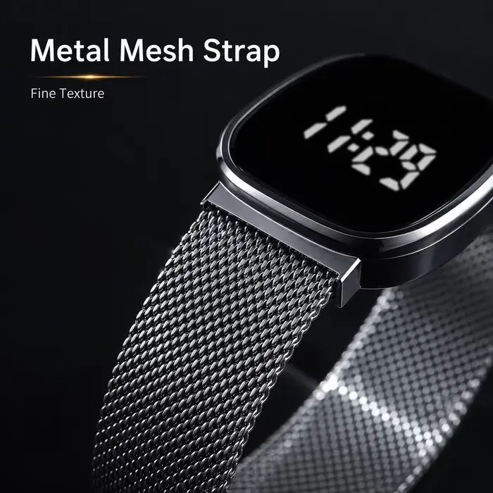 Montre à bracelet en maille métallique avec affichage numérique LED, montre-bracelet électronique carrée arrondie unisexe.