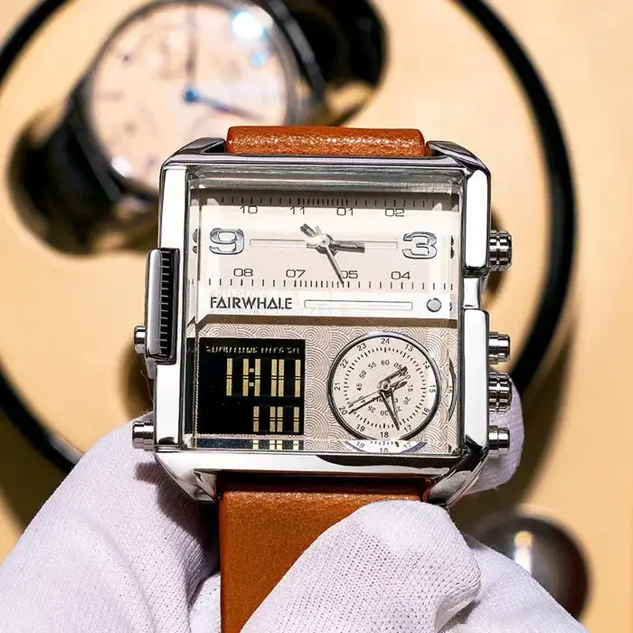 Mark Fairwhale montre électronique multifonctionnelle homme mode militaire bracelet en cuir carré Double affichage montre-bracelet à Quartz hommes