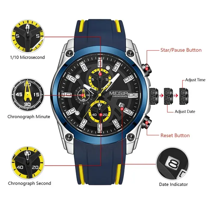 MEGIR montre à Quartz pour hommes Top marque de luxe élastique 3ATM résistant à l'eau chronographe d'affaires montres de sport pour hommes 2144