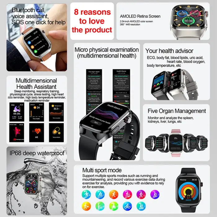 2026 nouvelle montre intelligente 2.04 pouces AMOLED écran Bluetooth appel IP68 étanche 650mA sport montres intelligentes hommes Android qualité militaire