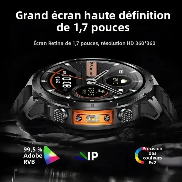 2026 GPS Smartwatch pour hommes 1.7 HD écran militaire montre intelligente IP68 étanche lampe de poche 100 Modes de Sport 720mAh grande batterie