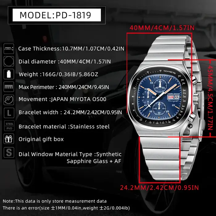 Montre chronographe carrée PAGANI DESIGN PD1819 pour homme, mouvement japonais Miyota OS000, verre saphir, étanche, montre sport.