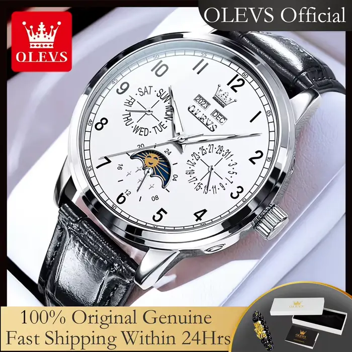 OLEVS 6698 nouvelle montre mécanique de Phase de lune pour hommes numéro 42mm grand cadran en cuir horloge à main étanche automatique homme montres 2025