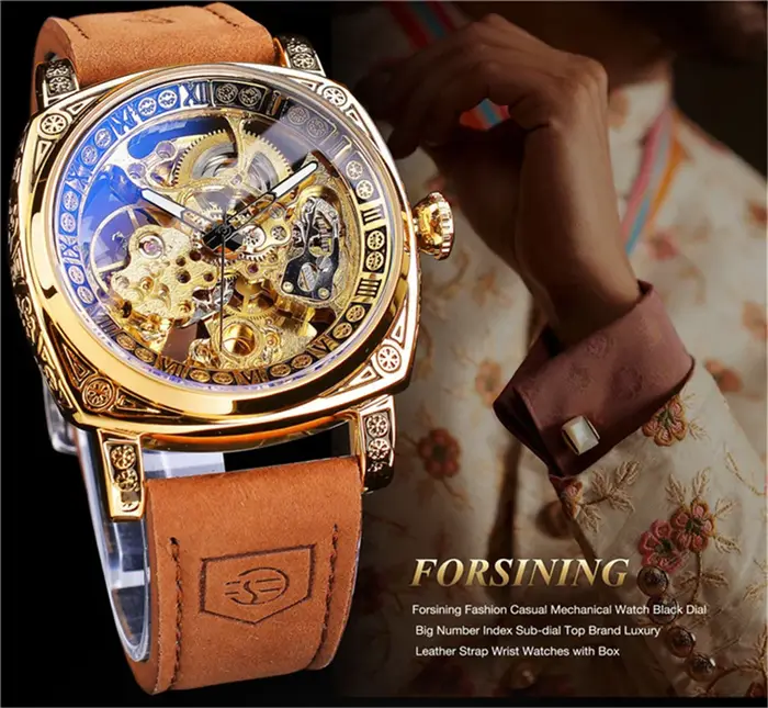 Montre Forsining 403A pour homme, squelette, automatique, mécanique, de luxe, 2023, argent, or, cuir, Relogio masculino