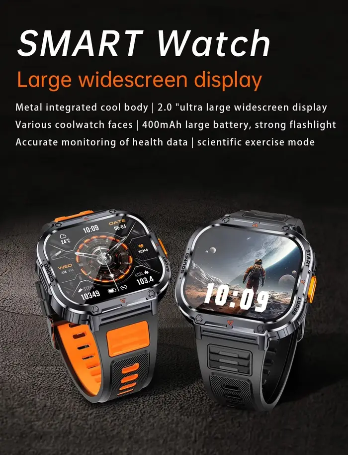 Montre intelligente 2 pouces Ultra grand écran NX23 lumière LED lampe de poche BT appel AI voix 400mAh hommes Fitness sport Tracker Smartwatch