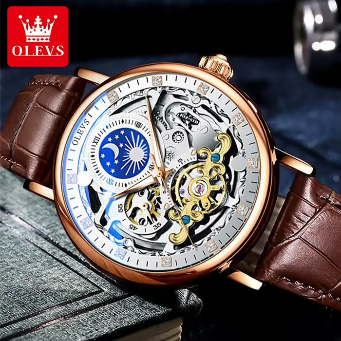 OLEVS Phase de lune montre mécanique hommes avec étanche automatique squelette