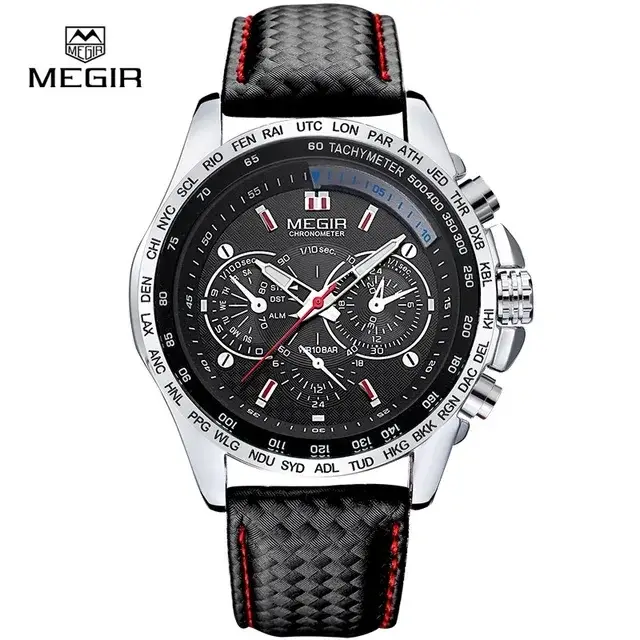 Montre à quartz pour homme MEGIR 1010 avec bracelet en cuir, affichage analogique, design tendance,