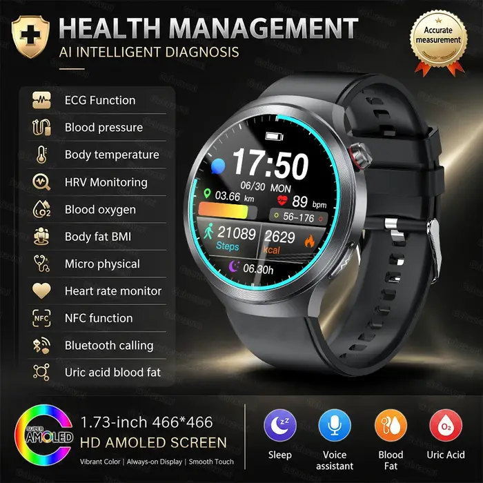Nouvelle Montre Connectée de Suivi de Santé 2026 pour Homme avec ECG+PPG, Mesure Précise de l'Acide