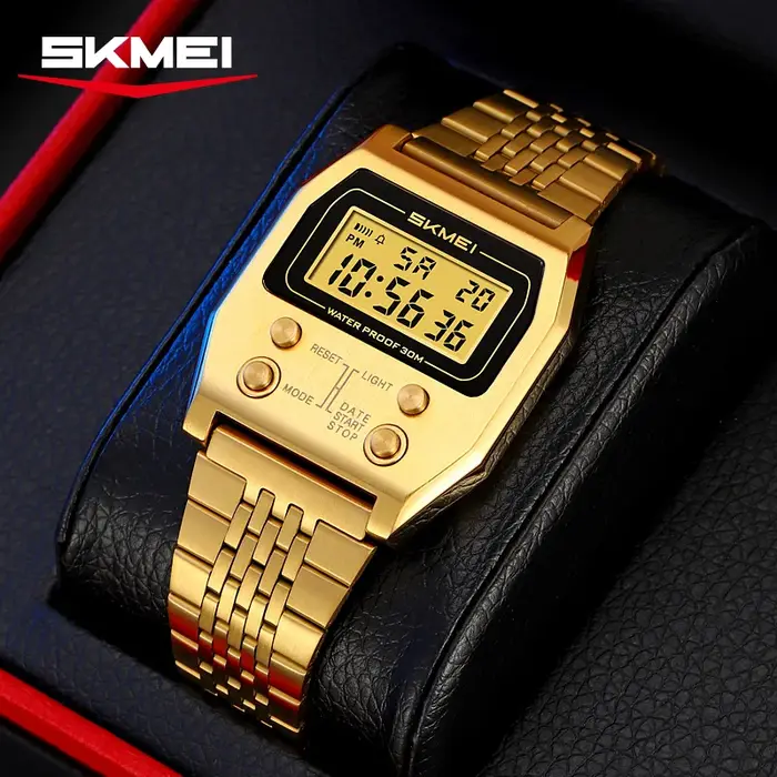 SKMEI 2460 montre numérique étanche pour hommes en acier inoxydable Sport luxe rétro LED électronique