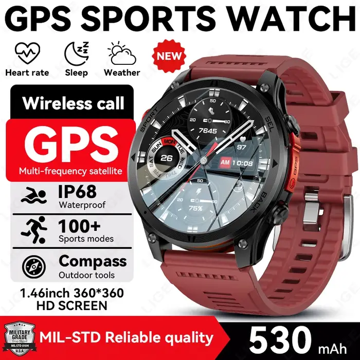 Montre connectée GPS pour l'extérieur, navigation par trajectoire, écran HD 1,46 pouces, plus de 100 modes sportifs, étanche IP68, 530 mAh, boussole pour Android iOS