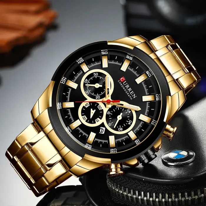 CURREN montre chronographe pour hommes 48mm grand cadran avec bracelet en acier inoxydable triple sous-cadrans montre-bracelet de Sport à Quartz de luxe