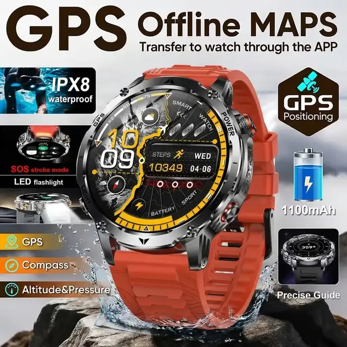 Montre de sport GPS HD 1,7' 2026smart pour l'extérieur, avec batterie de 1100 mAh. Lampe de poche LE