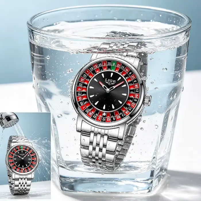 Montre Homme LIGE Tendance en Cuir Marron avec Cadran Rotatif Thème Roulette de Las Vegas