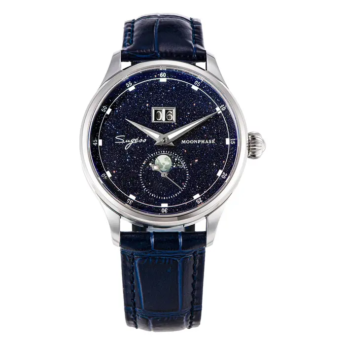 Sugess Moonphase montre pour hommes 40mm montres mécaniques automatiques origine ST2528 mouvement acier inoxydable cadrans en grès bleu