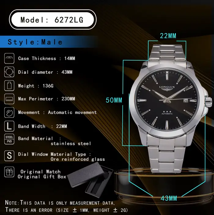 Montre automatique pour hommes, date d'affaires, mécanique, étanche, en acier inoxydable, lumineuse,