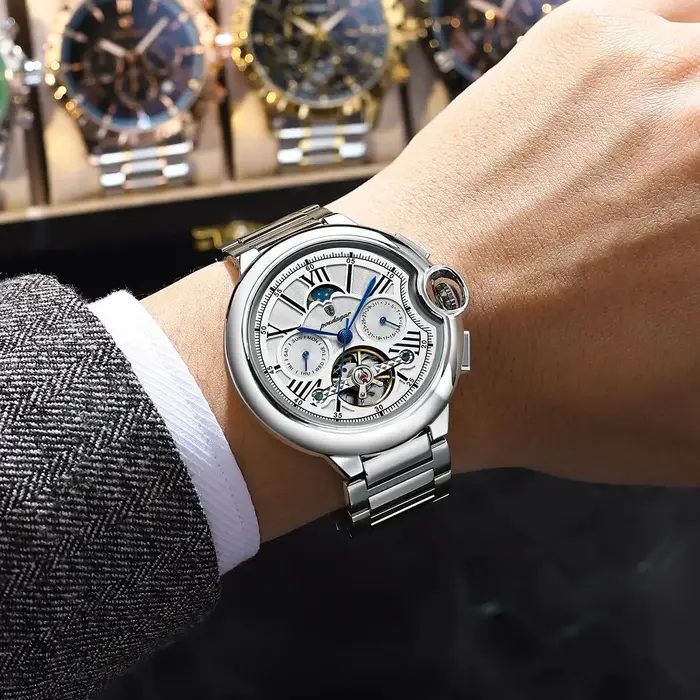 POEDAGAR luxe affaires homme montre Date semaine acier inoxydable Tourbillon hommes horloge étanche