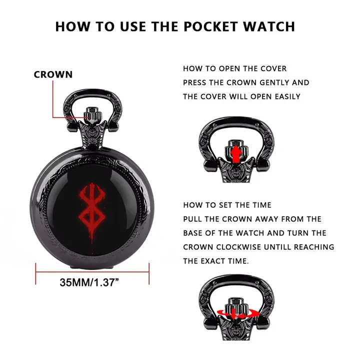 Coffret cadeau de montre de poche à quartz au design cool Berserk - Chaîne robuste + cadran à chiffres arabes
