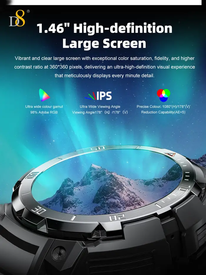 Montre connectée D8 avec écouteurs pour hommes et femmes, écran tactile HD de 1,46 pouces, effets sonores 9D, moniteur de fitness et de sommeil 110+, microphone d'enregistrement