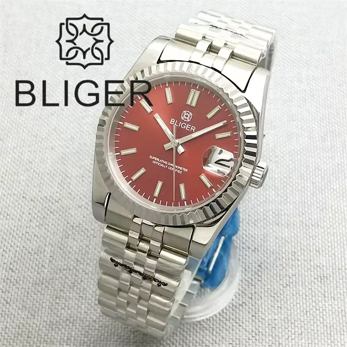 BLIGER 36mm/39mm Sunburst cadran marron montre NH35 lunette cannelée saphir cristal Rose bord bâtons