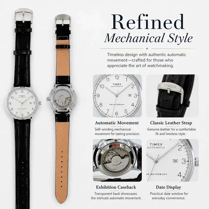 Montre automatique vintage Timex pour homme, cadran blanc épuré, bracelet en cuir noir gaufré, fond de boîtier transparent, montre-bracelet automatique