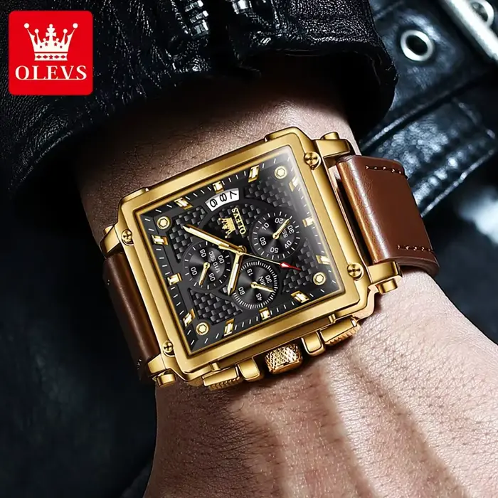 OLEVS 9925 montre à Quartz carrée pour hommes bracelet en cuir de mode étanche chronographe lumineux Original montres de sport de luxe