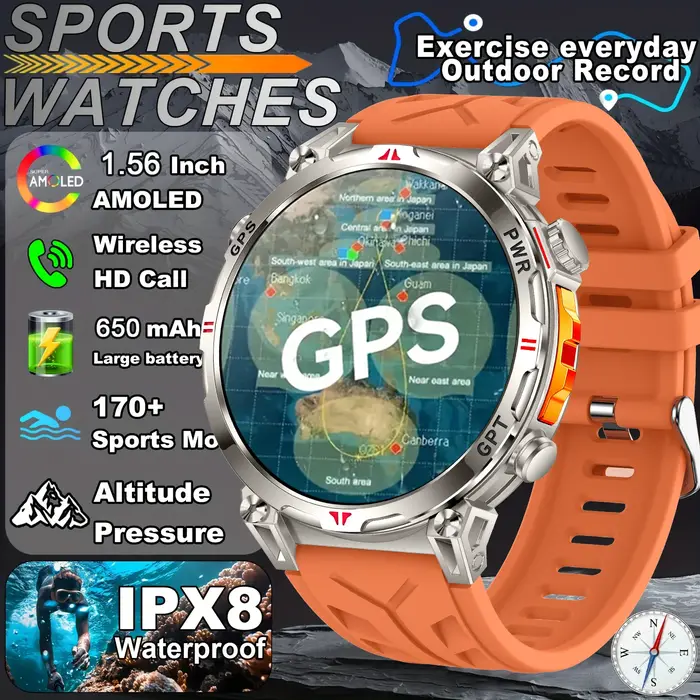 Nouveau KC93 montre intelligente 1.56 pouces AMOLED GPS positionnement Sports de plein air Fitness T