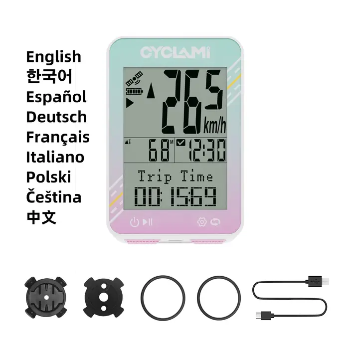 CYCLAMI Français vélo GPS ordinateur multilingue 2.4 pouces IPX7 blanc/rose odomètre femelle cavalie