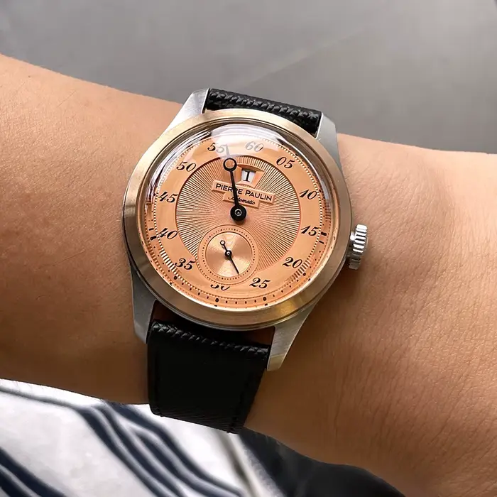 Pierre Paulin montre d'heure sautante pour hommes anneau en Bronze Vintage cadran saumon montres automatiques Reloj Hombre