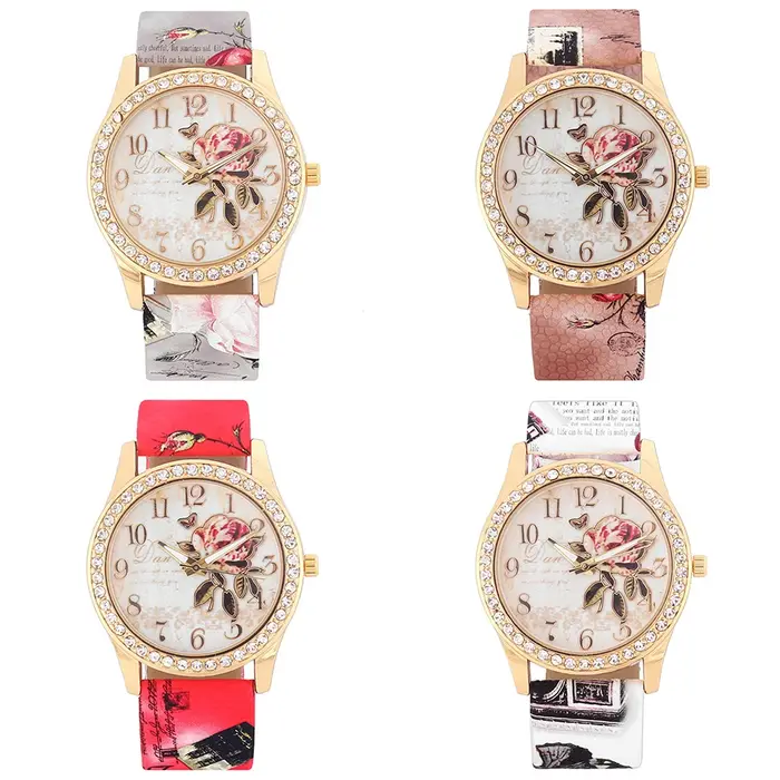 Mode dames montres femmes imprimé fleur montre de luxe Quartz décontracté en cuir montre-bracelet