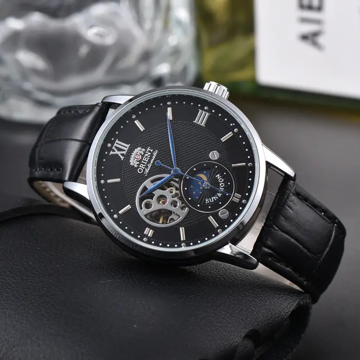 Orient Sun & Moon – montre automatique semi-squelette pour hommes, cadran blanc, bracelet en cuir no