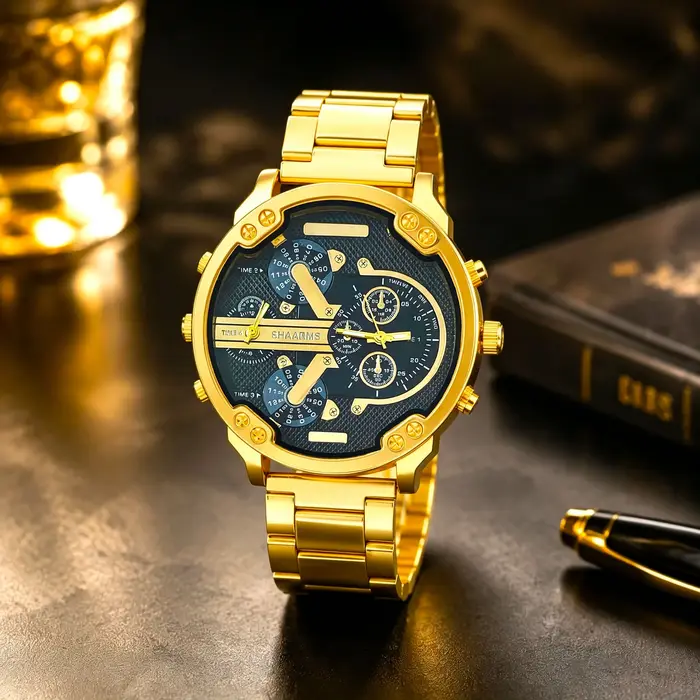 Une élégante montre pour homme d'affaires de couleur or, dotée d'un bracelet en acier et d'un boîtier robuste, un accessoire indispensable pour l'homme moderne.