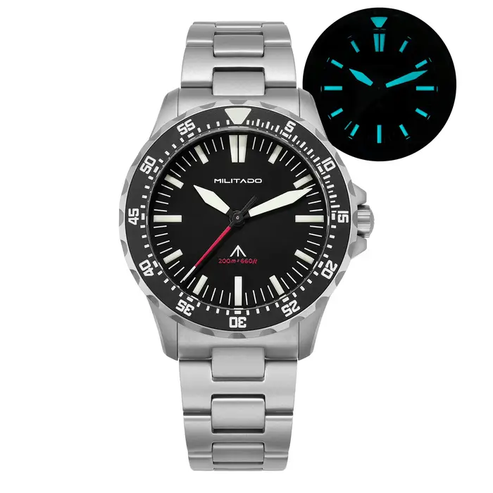 Montre de plongée à quartz Militado ML16 39 mm, verre saphir, résistance à l'eau 200 m, lunette en c