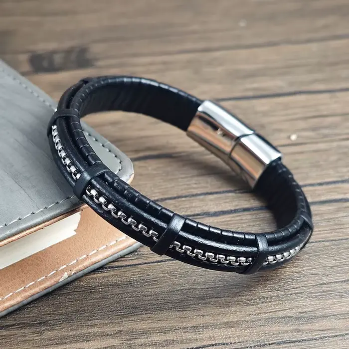 Bracelet en cuir et acier inoxydable pour homme