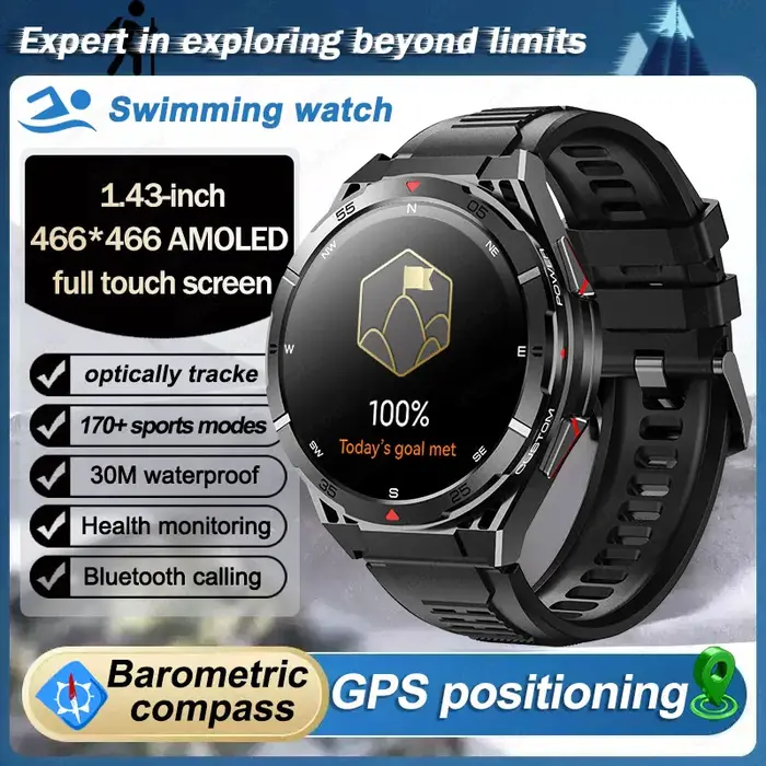 Montre Connectée de Natation Étanche pour Homme, Bracelet Satellite, GPS, dehors, Écran AMOLED 2025,