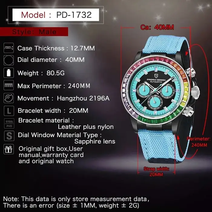 PAGANI DESIGN PD-1732 montre mécanique automatique 40MM V2 cercle arc-en-ciel montre-bracelet multifonction pour hommes saphir 100M étanche