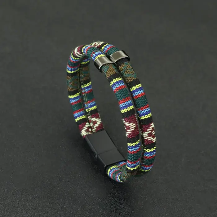 Noter nouveau Bracelet pour hommes avec corde détachable aimant boucle Wrap Braslet Double couche bohème tissu