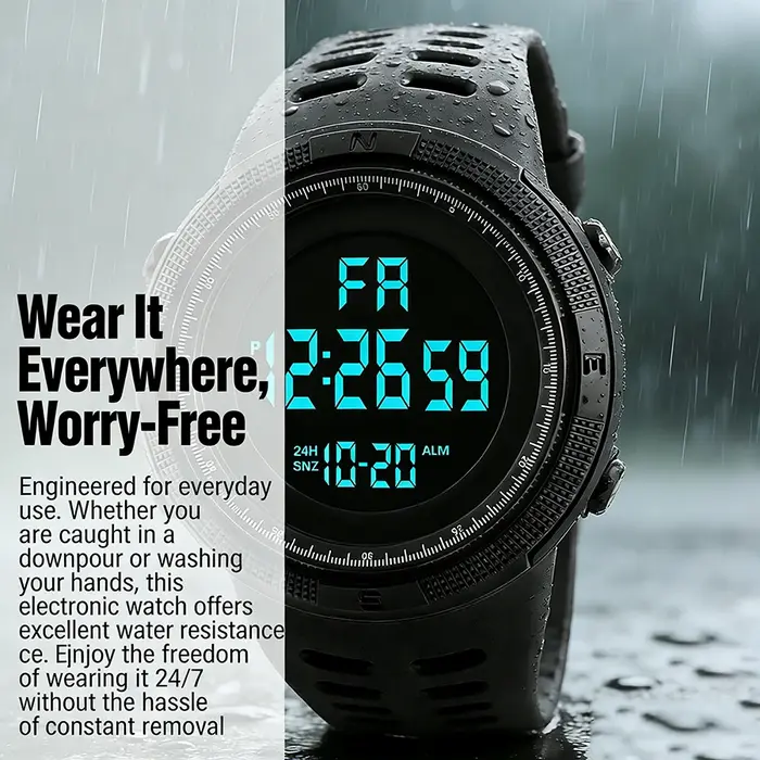 Montre de sport numérique pour hommes, étanche, décontractée, lumineuse, chronomètre, alarme, montre militaire simple pour la course, l'escalade, la pêche