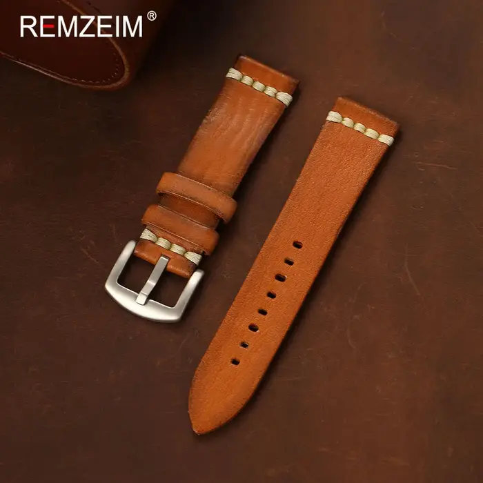 Bracelet de montre en cuir tanné végétal pour hommes, Durable et confortable, 18mm, 20mm, 22mm, 24mm