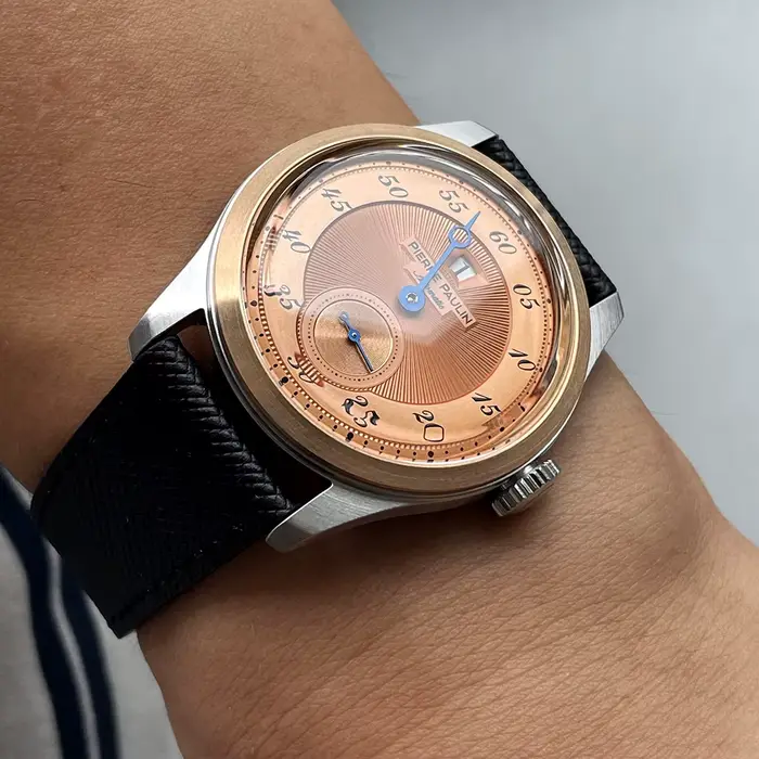 Pierre Paulin montre d'heure sautante pour hommes anneau en Bronze Vintage cadran saumon montres automatiques Reloj Hombre