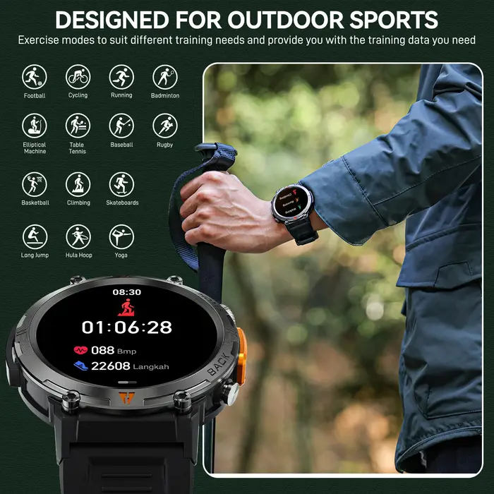 EIGIIS montre intelligente militaire pour hommes avec LED 1.45 " Smartwatch extérieur avec appels Bluetooth moniteur de fréquence cardiaque et de sommeil traqueur d'activité physique