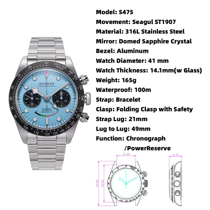 Montre chronographe pour homme Sugess ST1907