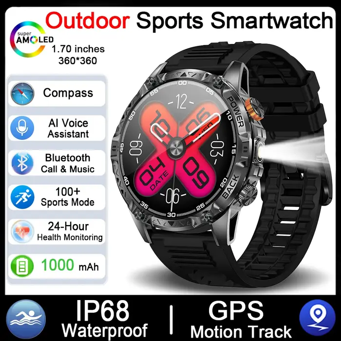 Montre connectée GPS pour homme avec batterie super capacité 1000 mAh, boussole, étanche 3 ATM, appe